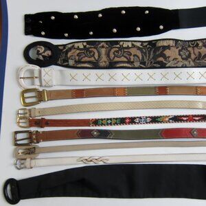 10 belts, varying designs and patterns